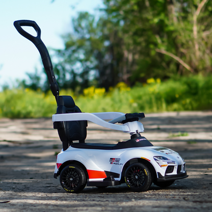 Masinuta 3 in 1, Invincio Toyota Supra pentru Copii 1-3 Ani, Maner detasabil Control Parental, Suport Picioare, Muzica Interactiva, Compartiment Depozitare, Design Sportiv, Alb