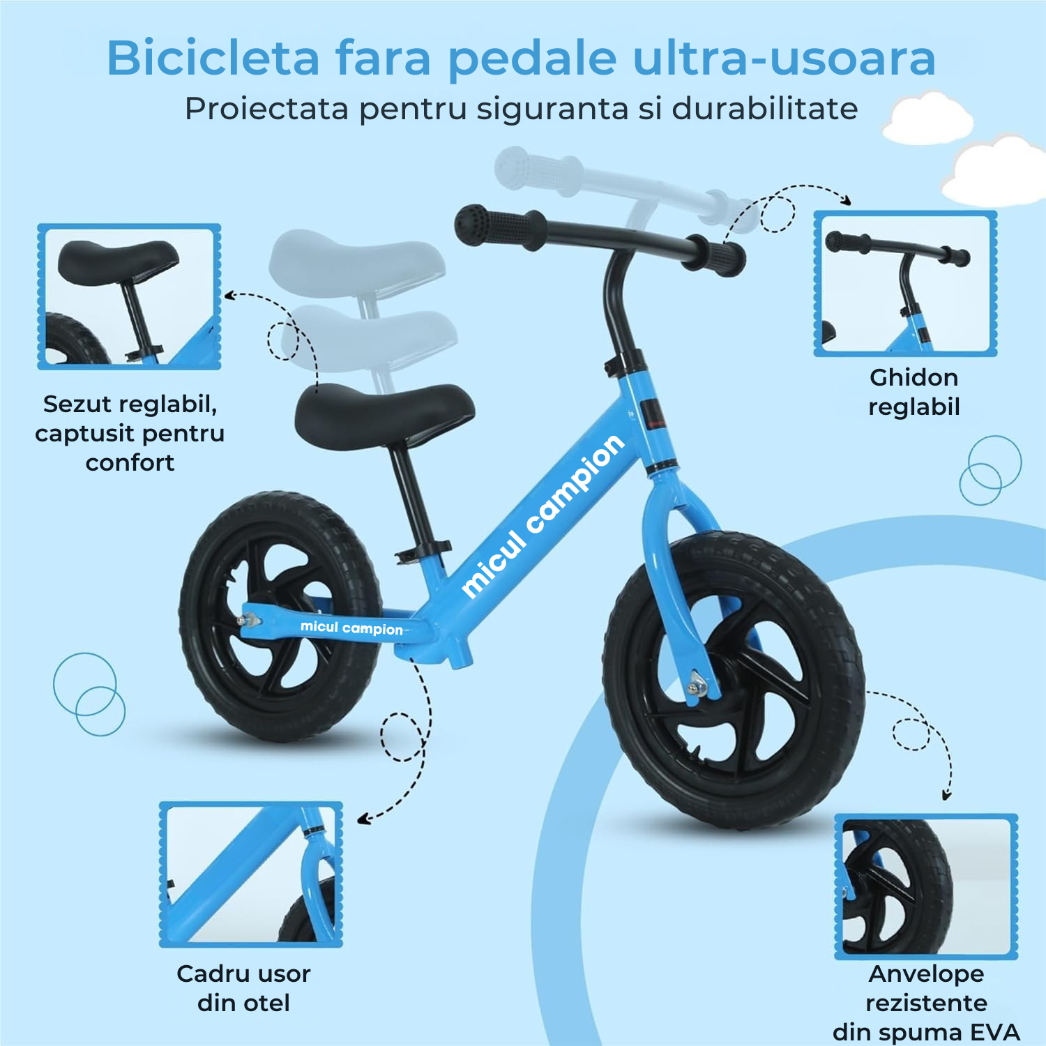 Bicicleta Fara Pedale, Invincio Micul Campion, pentru Copii 3-6 Ani, Roti EVA Anti-Pana, Scaun si Ghiidon Reglabil, Cadru Otel Usor, Manere Antialunecare – Perfecta pentru Echilibru si Coordonare, Capacitate Maxima 30 de kg, Albastru