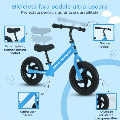 Bicicleta Fara Pedale, Invincio Micul Campion, pentru Copii 3-6 Ani, Roti EVA Anti-Pana, Scaun si Ghiidon Reglabil, Cadru Otel Usor, Manere Antialunecare – Perfecta pentru Echilibru si Coordonare, Capacitate Maxima 30 de kg, Albastru