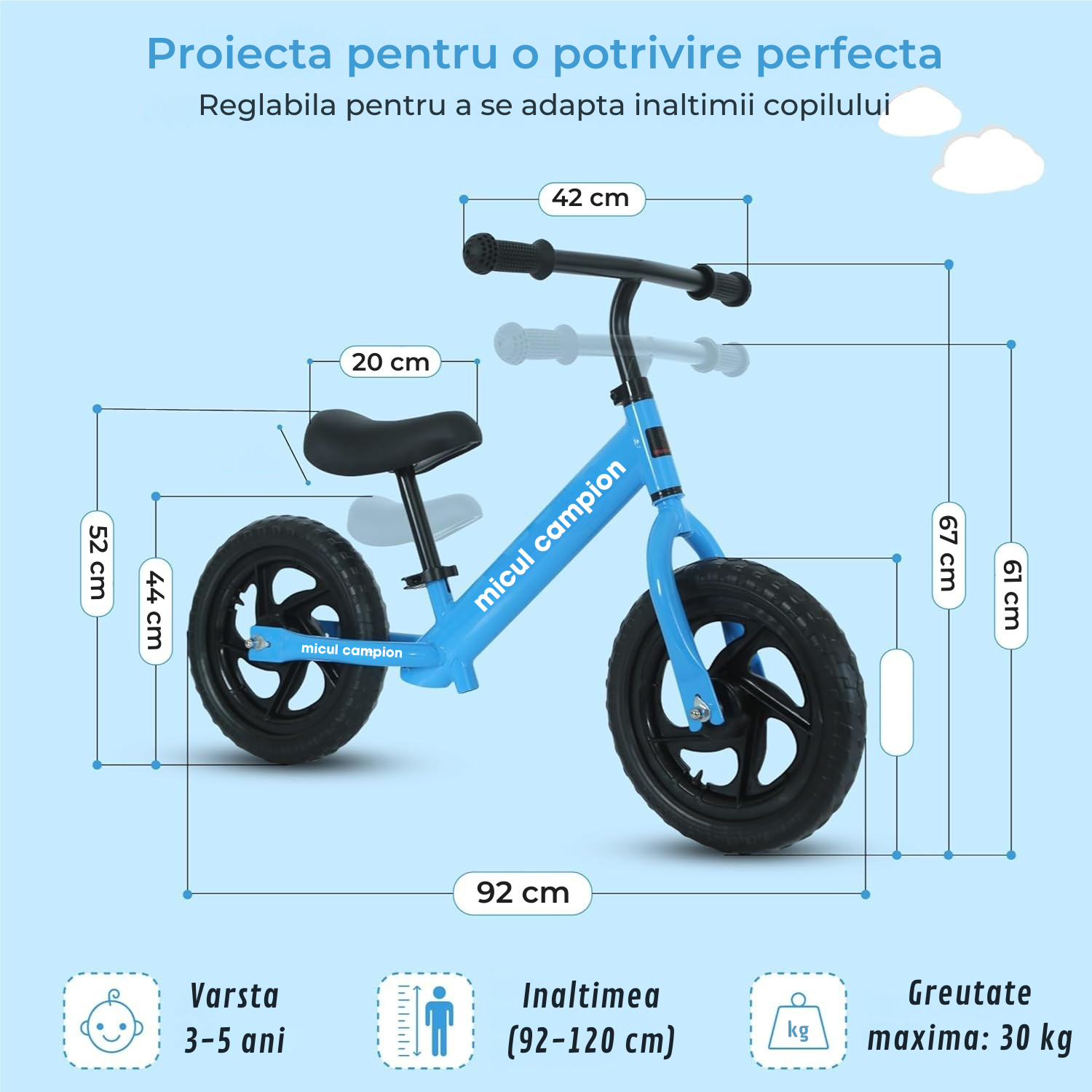 Bicicleta Fara Pedale, Invincio Micul Campion, pentru Copii 3-6 Ani, Roti EVA Anti-Pana, Scaun si Ghiidon Reglabil, Cadru Otel Usor, Manere Antialunecare – Perfecta pentru Echilibru si Coordonare, Capacitate Maxima 30 de kg, Albastru