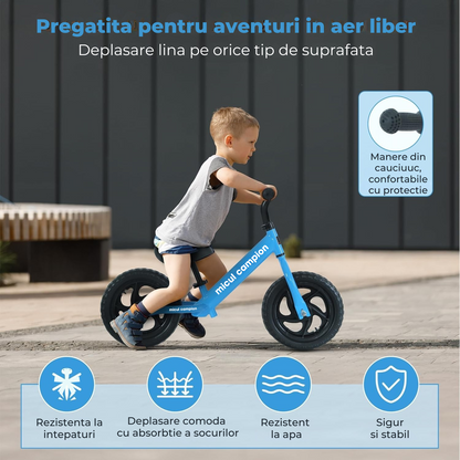 Bicicleta Fara Pedale, Invincio Micul Campion, pentru Copii 3-6 Ani, Roti EVA Anti-Pana, Scaun si Ghiidon Reglabil, Cadru Otel Usor, Manere Antialunecare – Perfecta pentru Echilibru si Coordonare, Capacitate Maxima 30 de kg, Albastru
