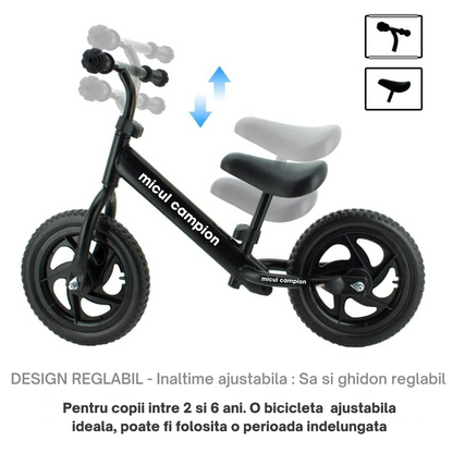 Bicicleta Fara Pedale, Invincio Micul Campion, pentru Copii 3-6 Ani, Roti EVA Anti-Pana, Scaun si Ghidon Reglabil, Cadru Otel Usor, Manere Antialunecare – Perfecta pentru Echilibru si Coordonare, Capacitate Maxima 30 de kg, Neagra