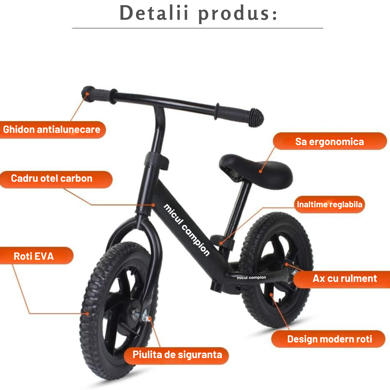 Bicicleta Fara Pedale, Invincio Micul Campion, pentru Copii 3-6 Ani, Roti EVA Anti-Pana, Scaun si Ghidon Reglabil, Cadru Otel Usor, Manere Antialunecare – Perfecta pentru Echilibru si Coordonare, Capacitate Maxima 30 de kg, Neagra
