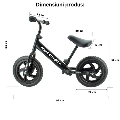 Bicicleta Fara Pedale, Invincio Micul Campion, pentru Copii 3-6 Ani, Roti EVA Anti-Pana, Scaun si Ghidon Reglabil, Cadru Otel Usor, Manere Antialunecare – Perfecta pentru Echilibru si Coordonare, Capacitate Maxima 30 de kg, Neagra