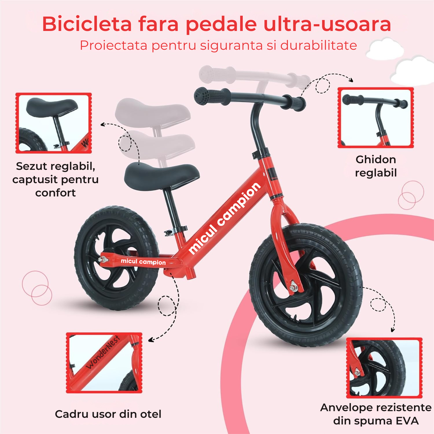 Bicicleta Fara Pedale, Invincio Micul Campion, pentru Copii 3-6 Ani, Roti EVA Anti-Pana, Scaun si Ghiidon Reglabil, Cadru Otel Usor, Manere Antialunecare – Perfecta pentru Echilibru si Coordonare, Capacitate Maxima 30 de kg, Rosie