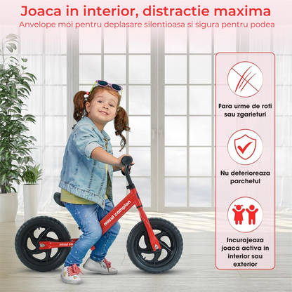 Bicicleta Fara Pedale, Invincio Micul Campion, pentru Copii 3-6 Ani, Roti EVA Anti-Pana, Scaun si Ghiidon Reglabil, Cadru Otel Usor, Manere Antialunecare – Perfecta pentru Echilibru si Coordonare, Capacitate Maxima 30 de kg, Rosie