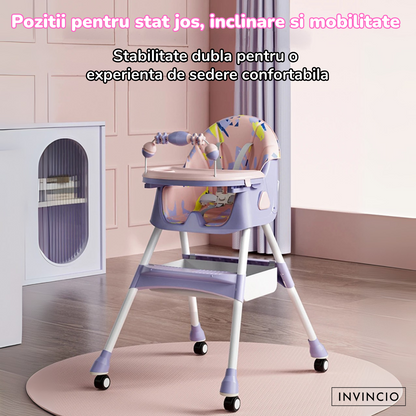 Scaun de masa pentru copii Invincio Care, varsta 6-72 luni, reglabil, pliabil, multifunctional si stabil, roti, centura de siguranta 5 Puncte, ajustabil pe inaltime, rezistent la murdarie, cos de depozitare, picioare antiderapante, design modern, Roz