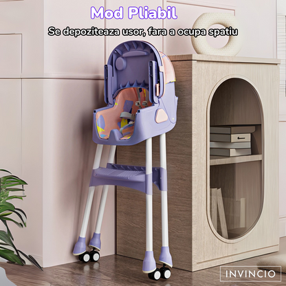 Scaun de masa pentru copii Invincio Care, varsta 6-72 luni, reglabil, pliabil, multifunctional si stabil, roti, centura de siguranta 5 Puncte, ajustabil pe inaltime, rezistent la murdarie, cos de depozitare, picioare antiderapante, design modern, Roz