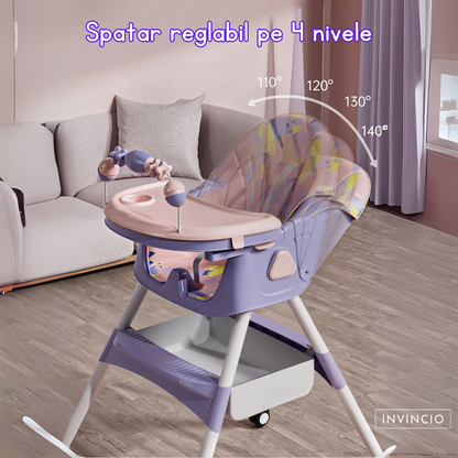Scaun de masa pentru copii Invincio Care, varsta 6-72 luni, reglabil, pliabil, multifunctional si stabil, roti, centura de siguranta 5 Puncte, ajustabil pe inaltime, rezistent la murdarie, cos de depozitare, picioare antiderapante, design modern, Roz