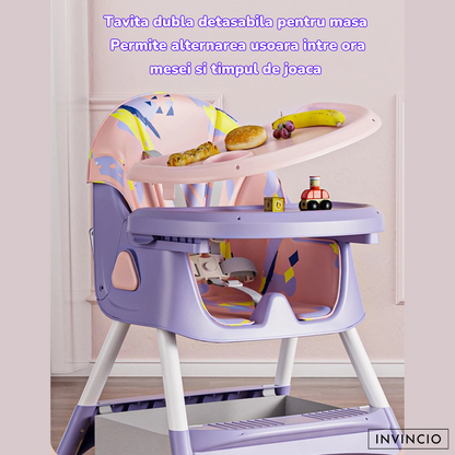 Scaun de masa pentru copii Invincio Care, varsta 6-72 luni, reglabil, pliabil, multifunctional si stabil, roti, centura de siguranta 5 Puncte, ajustabil pe inaltime, rezistent la murdarie, cos de depozitare, picioare antiderapante, design modern, Roz