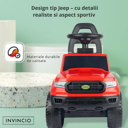 Masinuta Invincio RideOn Ranger, fara pedale, pentru copii 12+ luni, volan cu buton pentru muzica si lumini, spatar siguranta, compartiment depozitare, design tip Jeep, 4 roti stabile, rosu