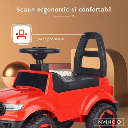 Masinuta Invincio RideOn Ranger, fara pedale, pentru copii 12+ luni, volan cu buton pentru muzica si lumini, spatar siguranta, compartiment depozitare, design tip Jeep, 4 roti stabile, rosu