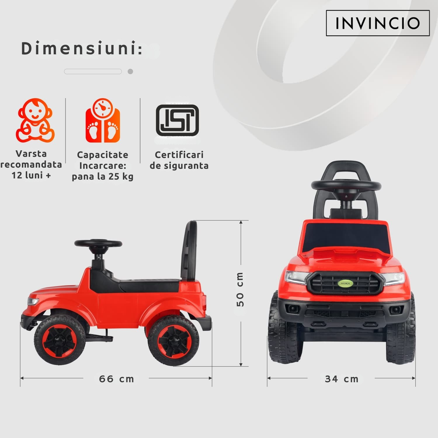 Masinuta Invincio RideOn Ranger, fara pedale, pentru copii 12+ luni, volan cu buton pentru muzica si lumini, spatar siguranta, compartiment depozitare, design tip Jeep, 4 roti stabile, rosu