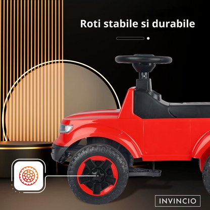 Masinuta Invincio RideOn Ranger, fara pedale, pentru copii 12+ luni, volan cu buton pentru muzica si lumini, spatar siguranta, compartiment depozitare, design tip Jeep, 4 roti stabile, rosu