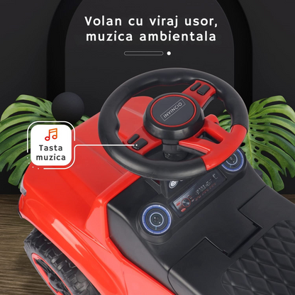 Masinuta Invincio RideOn Ranger, fara pedale, pentru copii 12+ luni, volan cu buton pentru muzica si lumini, spatar siguranta, compartiment depozitare, design tip Jeep, 4 roti stabile, rosu