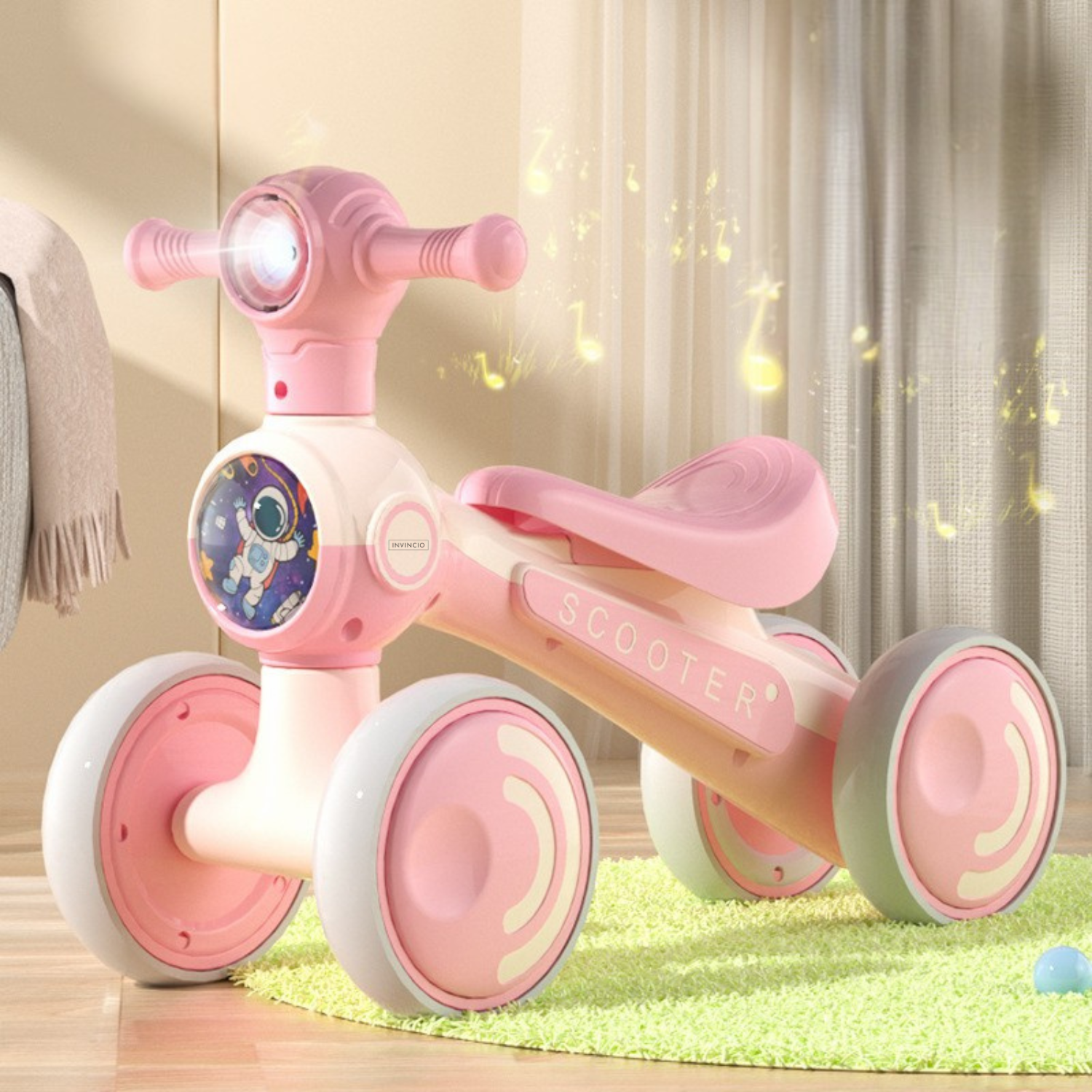 Bicicleta Invincio Kid, fara pedale, interior exterior, pentru copii 1-4 ani, 4 roti EVA silentioase si care nu zgarie parchetul, structura stabila anti-rasturnare, lumini frontale si muzica ambientala, sezut ergonomic, roz