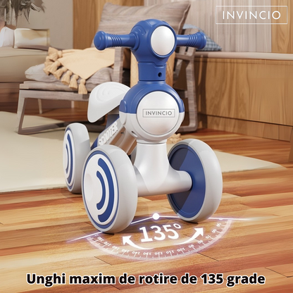 Bicicleta Invincio Kid, fara pedale, interior exterior, pentru copii 1-4 ani, 4 roti EVA silentioase si care nu zgarie parchetul, structura stabila anti-rasturnare, lumini frontale si muzica ambientala, sezut ergonomic, albastra