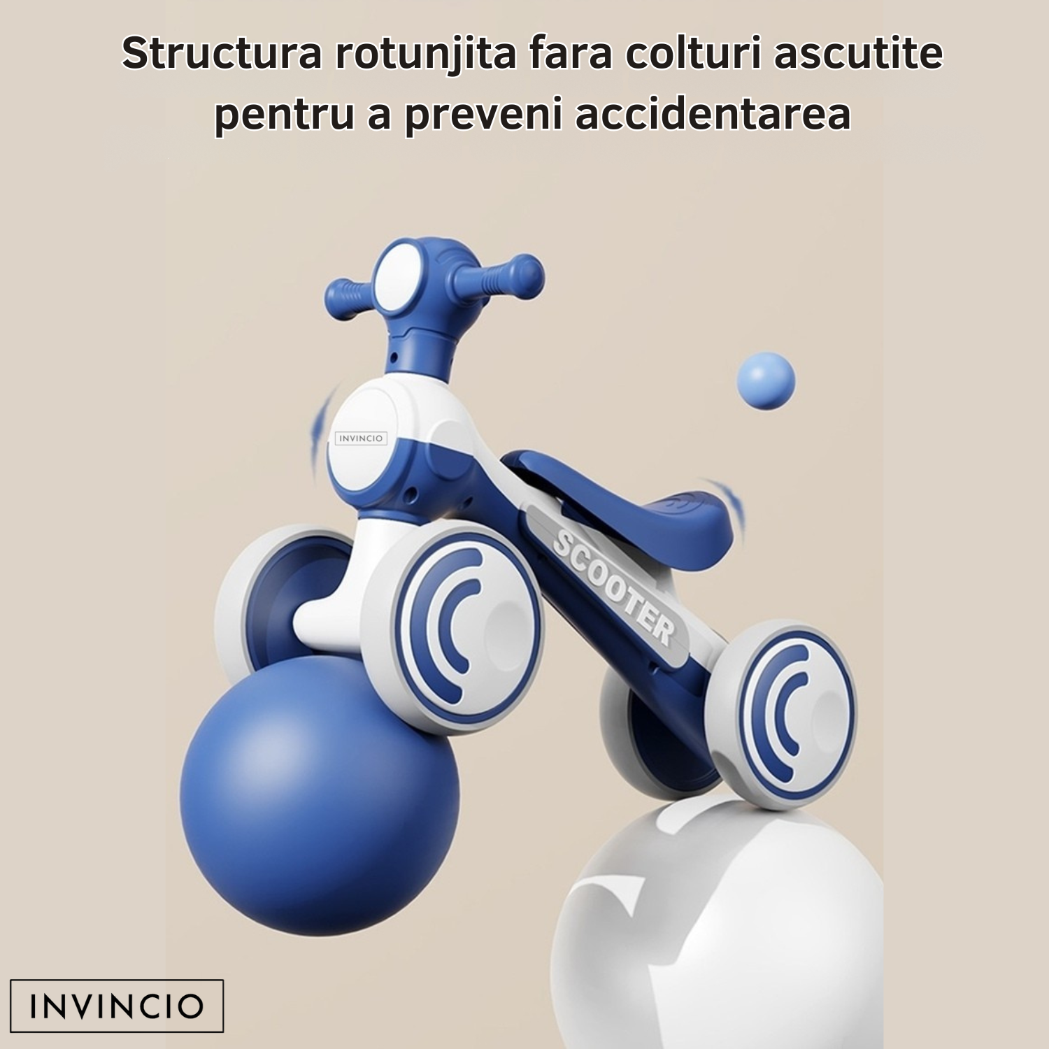 Bicicleta Invincio Kid, fara pedale, interior exterior, pentru copii 1-4 ani, 4 roti EVA silentioase si care nu zgarie parchetul, structura stabila anti-rasturnare, lumini frontale si muzica ambientala, sezut ergonomic, albastra