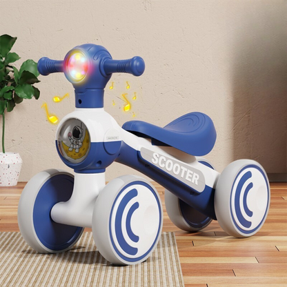 Bicicleta Invincio Kid, fara pedale, interior exterior, pentru copii 1-4 ani, 4 roti EVA silentioase si care nu zgarie parchetul, structura stabila anti-rasturnare, lumini frontale si muzica ambientala, sezut ergonomic, albastra