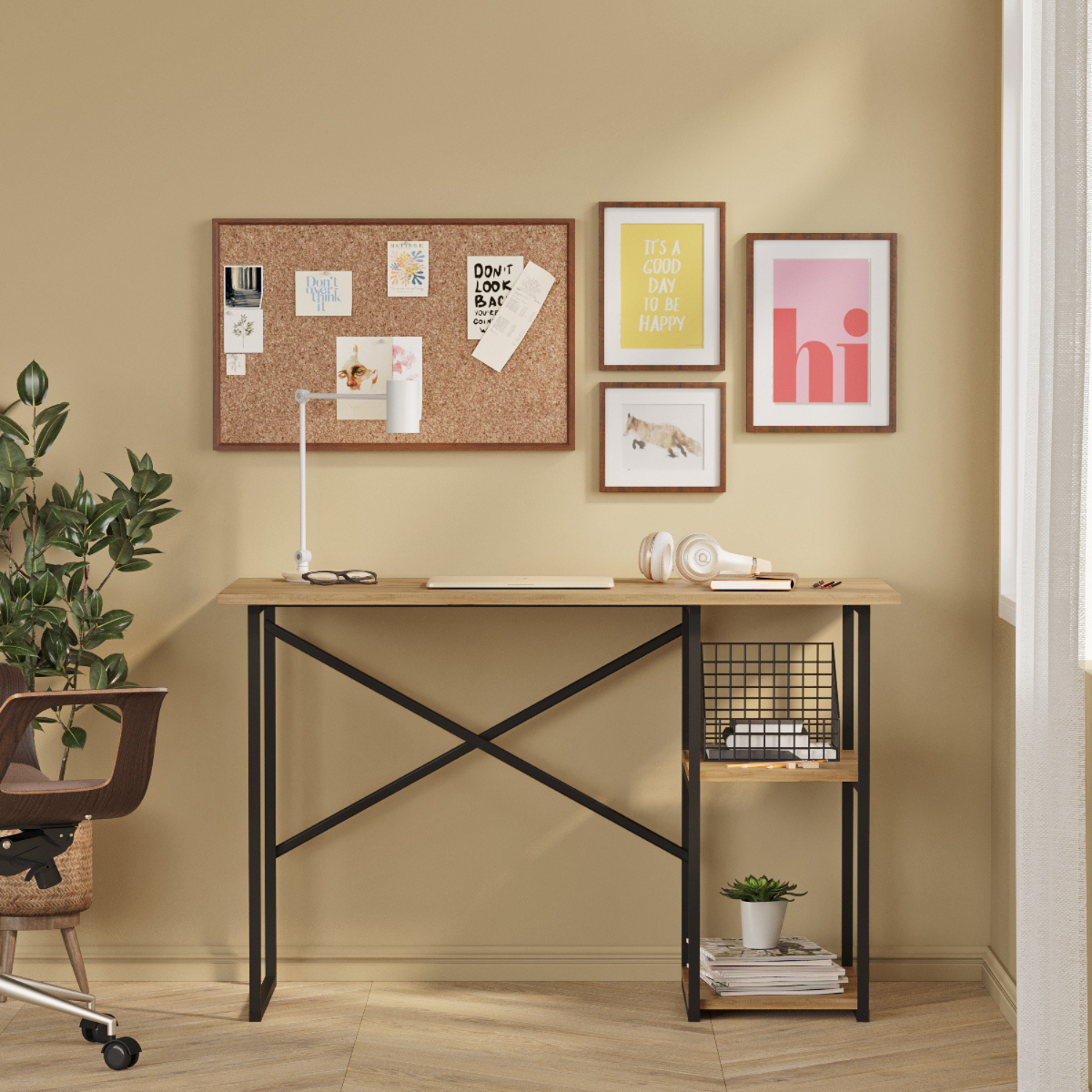 Birou de Calculator Bezubi Vienna, Design Modern, 2 Rafturi Laterale pentru Depozitare, Blat cu Finisaj Stejar, Cadru Metalic Negru, Compact si Robust, Dimensiuni 120x60x76 cm, Usor de Asamblat, maro