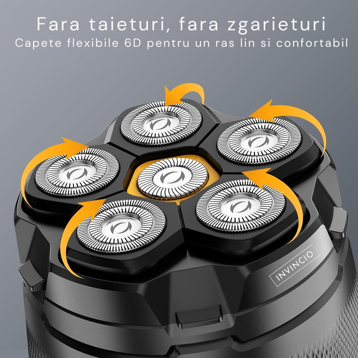Aparat de ras electric Invincio Edge fata si cap, pentru barbati, ergonomic 6D, utilizare uscata sau umeda sub dus, cap magnetic, rezistent la apa, 2 viteze, autonomie 180 min, incarcare USB, diplay LED, baterie litiu reincarcabila, negru