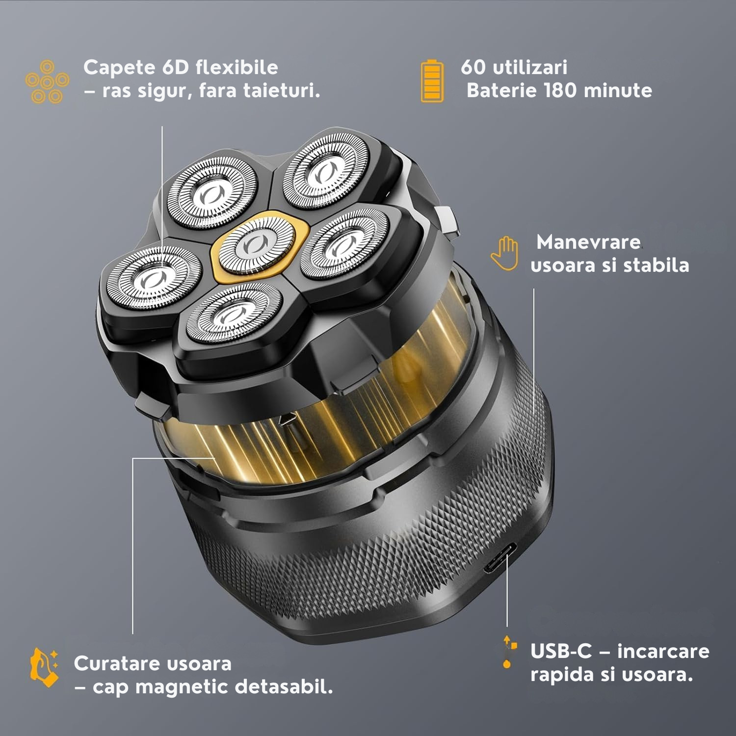 Aparat de ras electric Invincio Edge fata si cap, pentru barbati, ergonomic 6D, utilizare uscata sau umeda sub dus, cap magnetic, rezistent la apa, 2 viteze, autonomie 180 min, incarcare USB, diplay LED, baterie litiu reincarcabila, negru