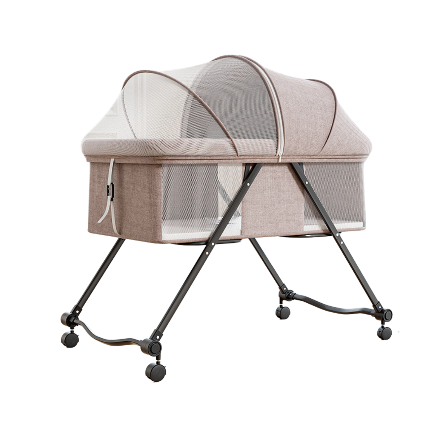 Patut Pliabil pentru bebelusi Bezubi Stars, multifunctional 3 in 1, pat, balansoar si plasa anti-insecte, sistem de blocare roti, 3 trepte de inclinare spatar si zona capului, portabil, adecvat nou nascuti - 2 ani, cappuccino