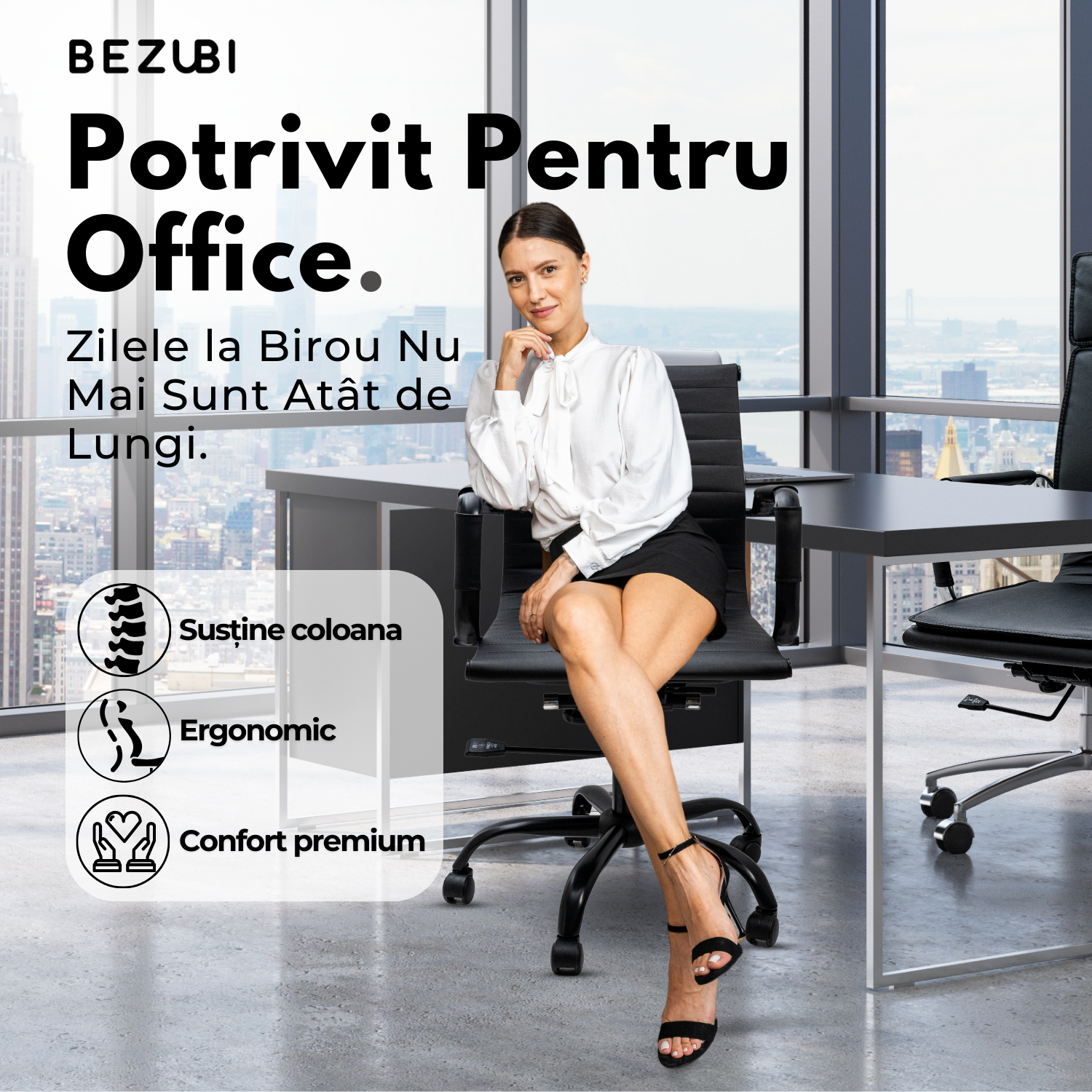 Scaun de birou Bezubi Confort, confortabil, pivotant, ergonomic cu spatar reglabil pe inaltime si inclinare, tapitat piele ecologica premium, suport pentru brate, cadru cromat, roti silentioase, negru
