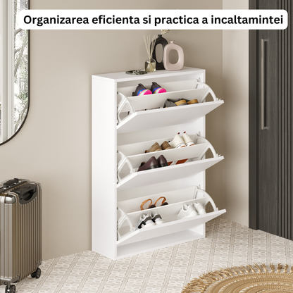 Pantofar Slim pentru Incaltaminte, Bezubi Bilbao, 3 Sertare, capacitate pana la 18 perechi, 110 X 73 X 24 cm, Sistem anti-inclinare, Design Subtire, Economie de Spatiu, pentru Hol, Dormitor sau Living, Alb