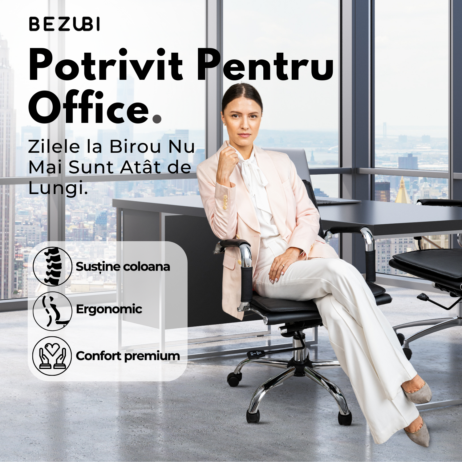 Scaun de birou Bezubi Office, confortabil, pivotant, ergonomic cu spatar reglabil pe inaltime si inclinare, tapitat piele ecologica premium, suport pentru brate, cadru cromat, roti silentioase, negru