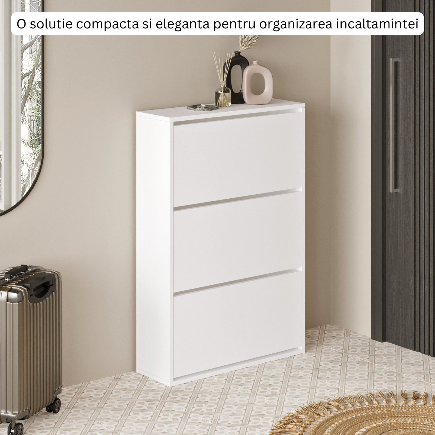 Pantofar Slim pentru Incaltaminte, Bezubi Bilbao, 3 Sertare, capacitate pana la 18 perechi, 110 X 73 X 24 cm, Sistem anti-inclinare, Design Subtire, Economie de Spatiu, pentru Hol, Dormitor sau Living, Alb