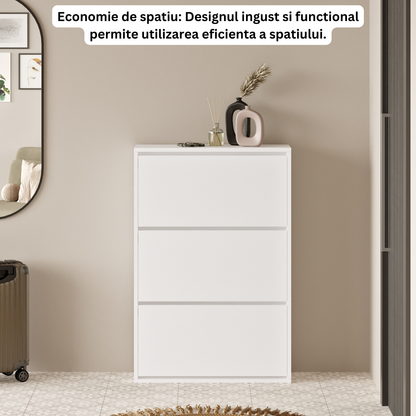 Pantofar Slim pentru Incaltaminte, Bezubi Bilbao, 3 Sertare, capacitate pana la 18 perechi, 110 X 73 X 24 cm, Sistem anti-inclinare, Design Subtire, Economie de Spatiu, pentru Hol, Dormitor sau Living, Alb