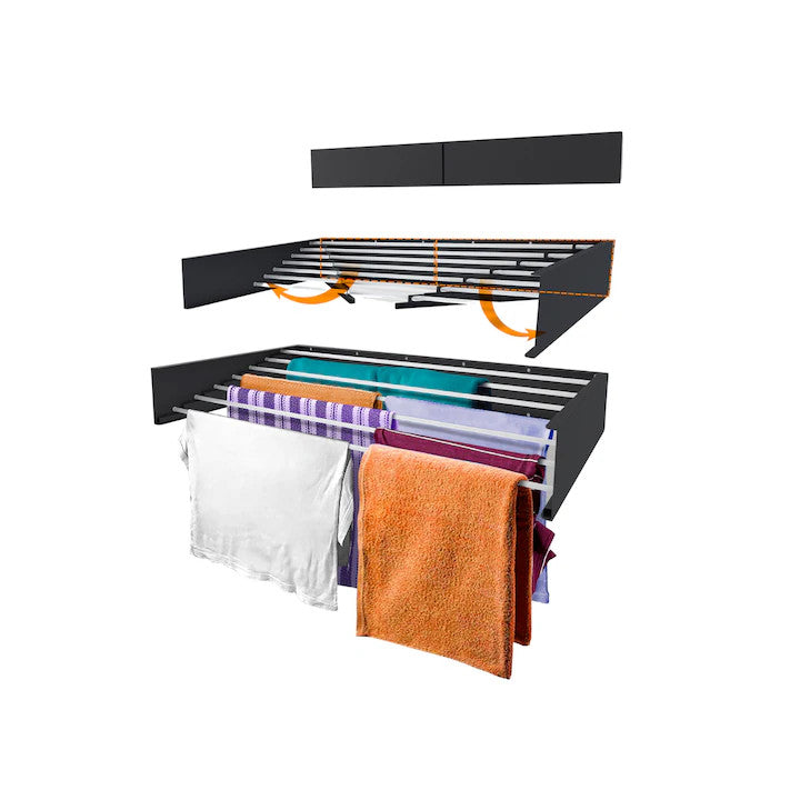 Uscator de Rufe Pliabil, Bezubi FlexDry, Montare Perete, Retractabil. Usor de instalat, Design Compact, Capacitate uscare 8.4 m, Sustine pana la 30 de kg, Metalic vopsit electrostatic Pentru Interior si Exterior, 120 cm. Gri