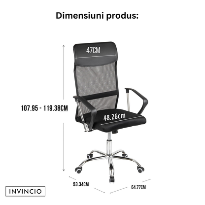 Invincio SmartFit 2 – Scaun ergonomic cu spatar mesh si tetiera, negru