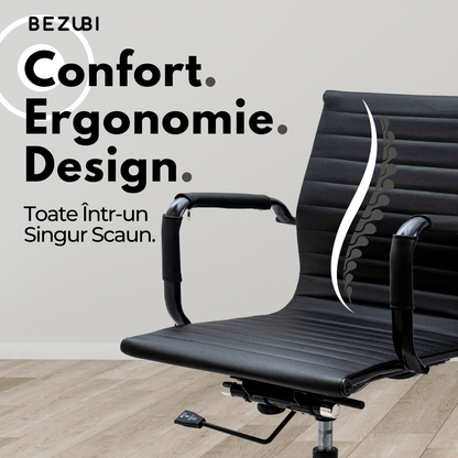 Scaun de birou Bezubi Confort, confortabil, pivotant, ergonomic cu spatar reglabil pe inaltime si inclinare, tapitat piele ecologica premium, suport pentru brate, cadru cromat, roti silentioase, negru