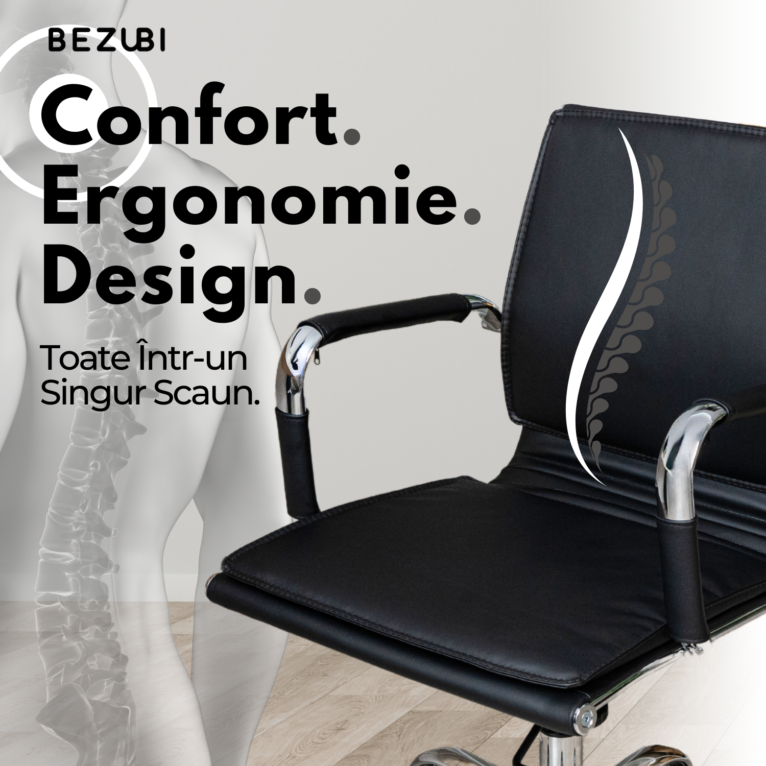 Scaun de birou Bezubi Office, confortabil, pivotant, ergonomic cu spatar reglabil pe inaltime si inclinare, tapitat piele ecologica premium, suport pentru brate, cadru cromat, roti silentioase, negru