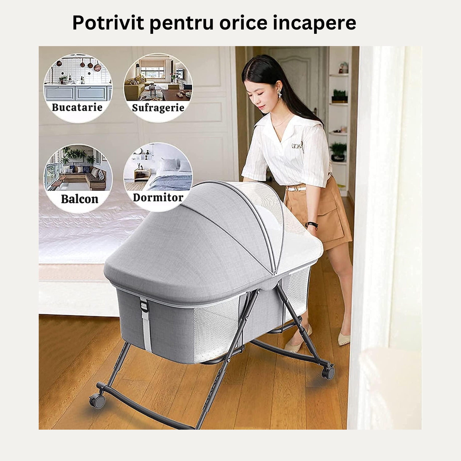 Patut Pliabil pentru bebelusi Bezubi Stars, multifunctional 3 in 1, pat, balansoar si plasa anti-insecte, sistem de blocare roti, 3 trepte de inclinare spatar si zona capului, portabil, adecvat nou nascuti - 2 ani, gri