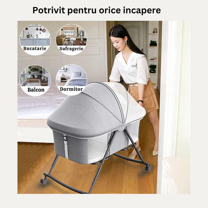 Patut Pliabil pentru bebelusi Bezubi Stars, multifunctional 3 in 1, pat, balansoar si plasa anti-insecte, sistem de blocare roti, 3 trepte de inclinare spatar si zona capului, portabil, adecvat nou nascuti - 2 ani, gri