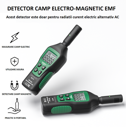 Detector radiatii electro-magnetice Invincio, detectie mG/µT/(V/M), display LCD iluminat, masoara si temperatura ℃/℉, functie memorare valoare maxima, lanterna, culoare verde