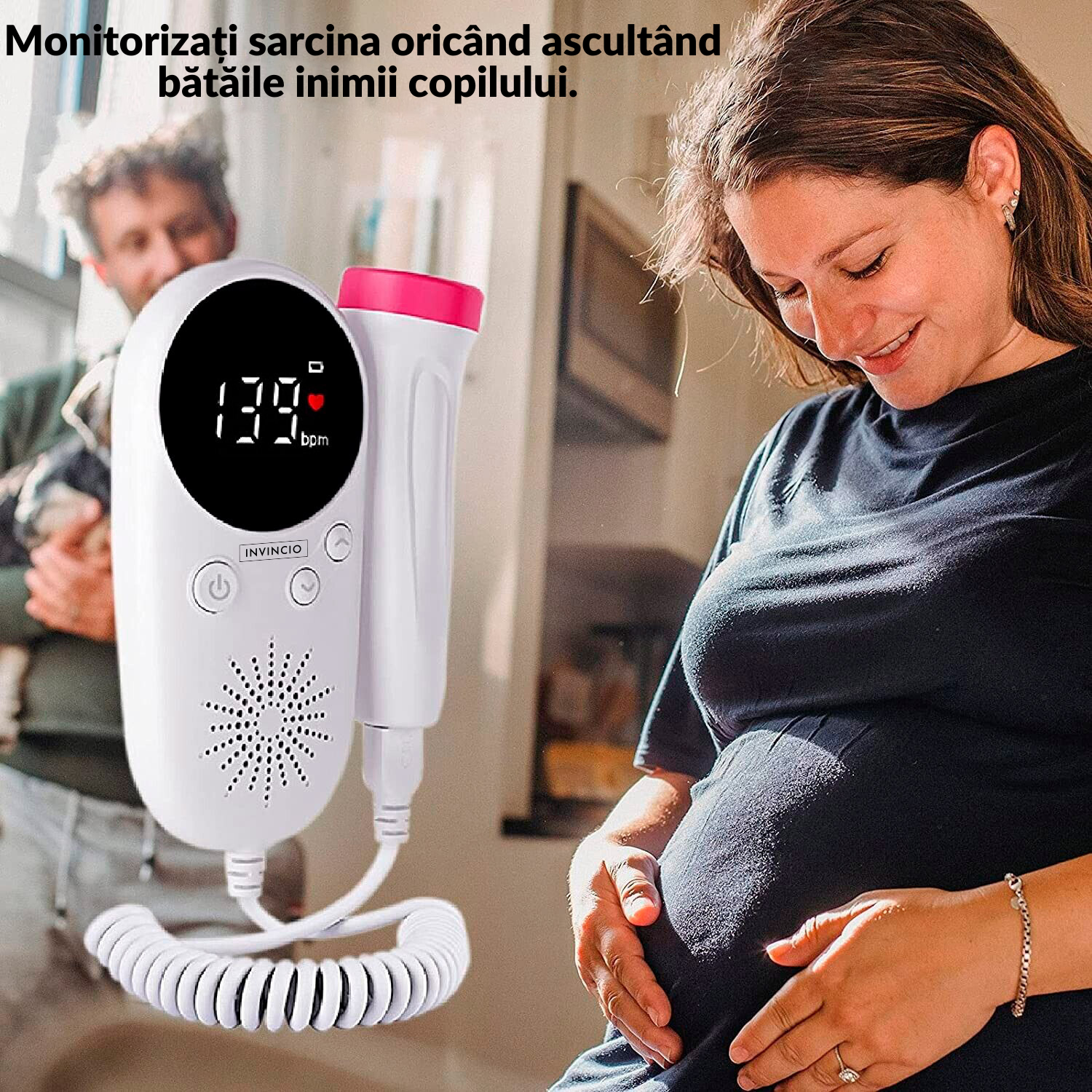 Monitor fetal Doppler Invincio pentru monitorizare functii vitale fat intrauterin, gel ultrasunete inclus, detectarea batailor inimii/pulsului fatului, ascultare sunete din burtica, pentru gravide, portabil
