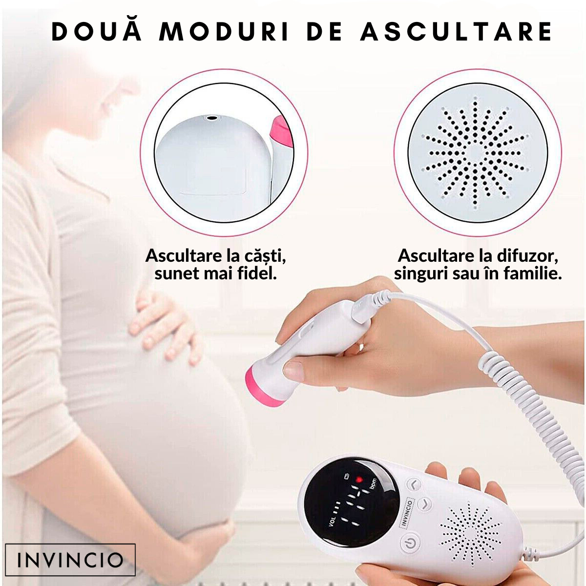 Monitor fetal Doppler Invincio pentru monitorizare functii vitale fat intrauterin, gel ultrasunete inclus, detectarea batailor inimii/pulsului fatului, ascultare sunete din burtica, pentru gravide, portabil