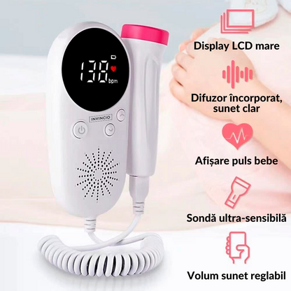 Monitor fetal Doppler Invincio pentru monitorizare functii vitale fat intrauterin, gel ultrasunete inclus, detectarea batailor inimii/pulsului fatului, ascultare sunete din burtica, pentru gravide, portabil