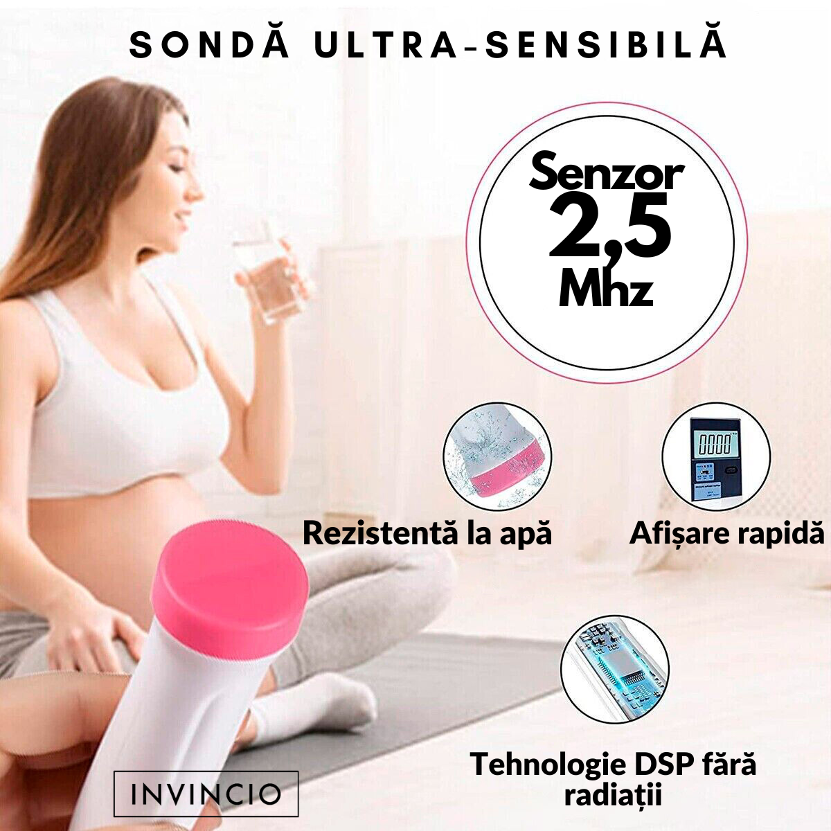 Monitor fetal Doppler Invincio pentru monitorizare functii vitale fat intrauterin, gel ultrasunete inclus, detectarea batailor inimii/pulsului fatului, ascultare sunete din burtica, pentru gravide, portabil