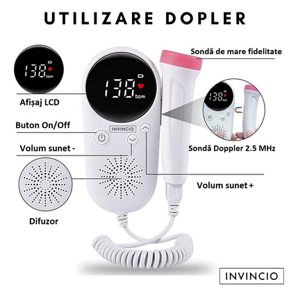 Monitor fetal Doppler Invincio pentru monitorizare functii vitale fat intrauterin, gel ultrasunete inclus, detectarea batailor inimii/pulsului fatului, ascultare sunete din burtica, pentru gravide, portabil