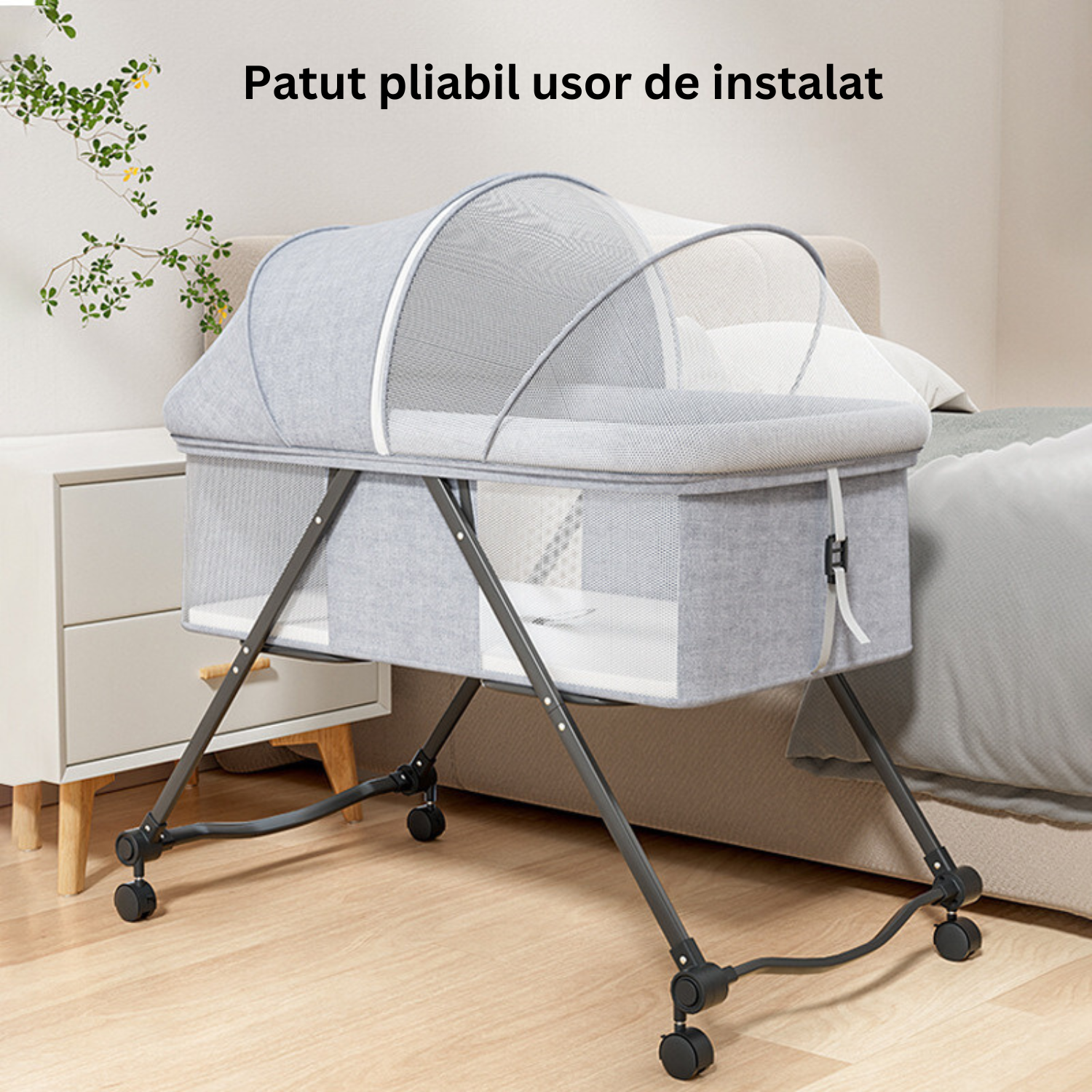 Patut Pliabil pentru bebelusi Bezubi Stars, multifunctional 3 in 1, pat, balansoar si plasa anti-insecte, sistem de blocare roti, 3 trepte de inclinare spatar si zona capului, portabil, adecvat nou nascuti - 2 ani, gri