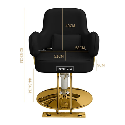 Scaun profesional frizerie/coafor Invincio Moda 2, reglabil pe inaltime, pompa hidraulica, rotire 360 grade, suport picioare, tapiterie piele ecologica, design premium cu detalii aurii, culoare negru-auriu