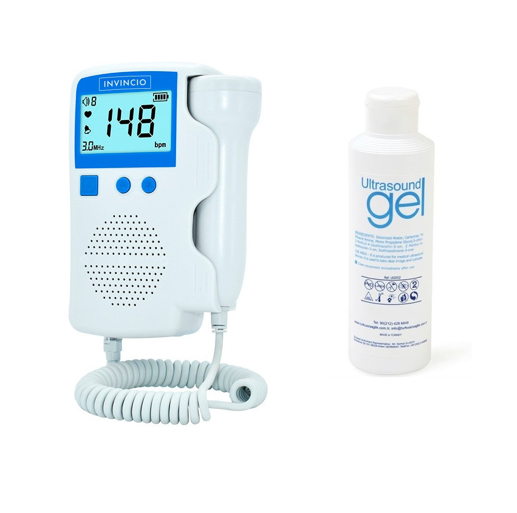 Monitor fetal Doppler, Invincio, pentru monitorizare functii vitale fat intrauterin, set cu gel ultrasunete, Zero radiatii, detectarea batailor inimii/pulsului fatului, pentru gravide, portabil, alb/albastru