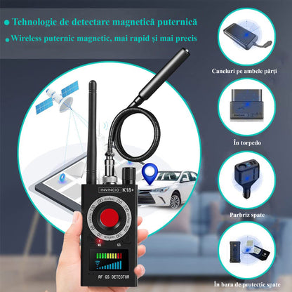 Detector profesional anti spionaj, Invincio K18, detecteaza Camere, Microfoane, Localizatoare GPS sau GSM, semnale wi-fi si dispozitive cu frecvente 1-8000MHZ, lungime 10.5 cm, negru