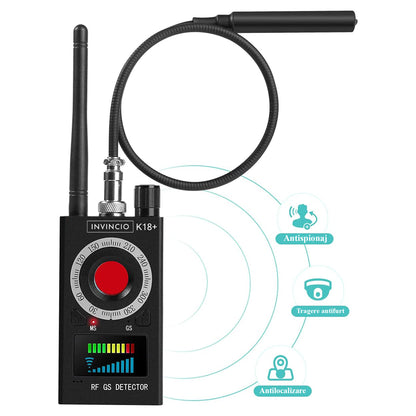 Detector profesional anti spionaj, Invincio K18, detecteaza Camere, Microfoane, Localizatoare GPS sau GSM, semnale wi-fi si dispozitive cu frecvente 1-8000MHZ, lungime 10.5 cm, negru