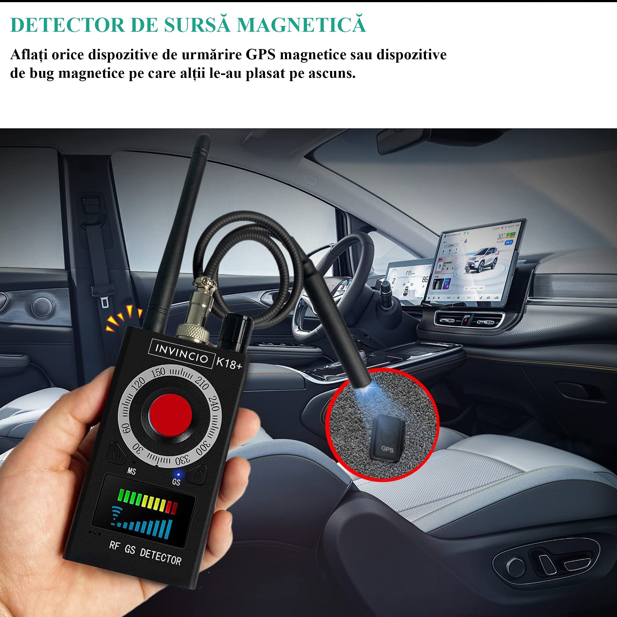 Detector profesional anti spionaj, Invincio K18, detecteaza Camere, Microfoane, Localizatoare GPS sau GSM, semnale wi-fi si dispozitive cu frecvente 1-8000MHZ, lungime 10.5 cm, negru